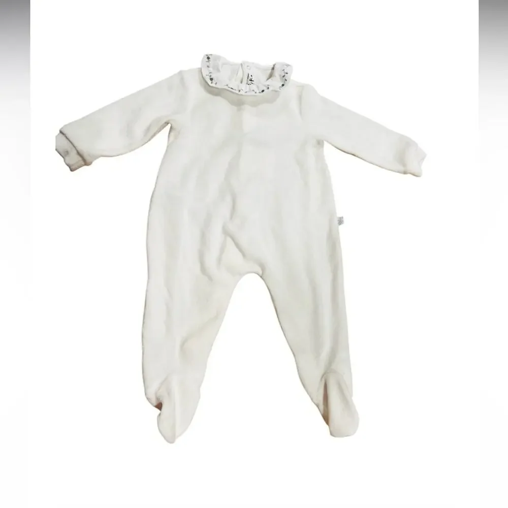 Il Gufo baby white cotton velour jumpsuit floral embroidered collar Size 9M NWT